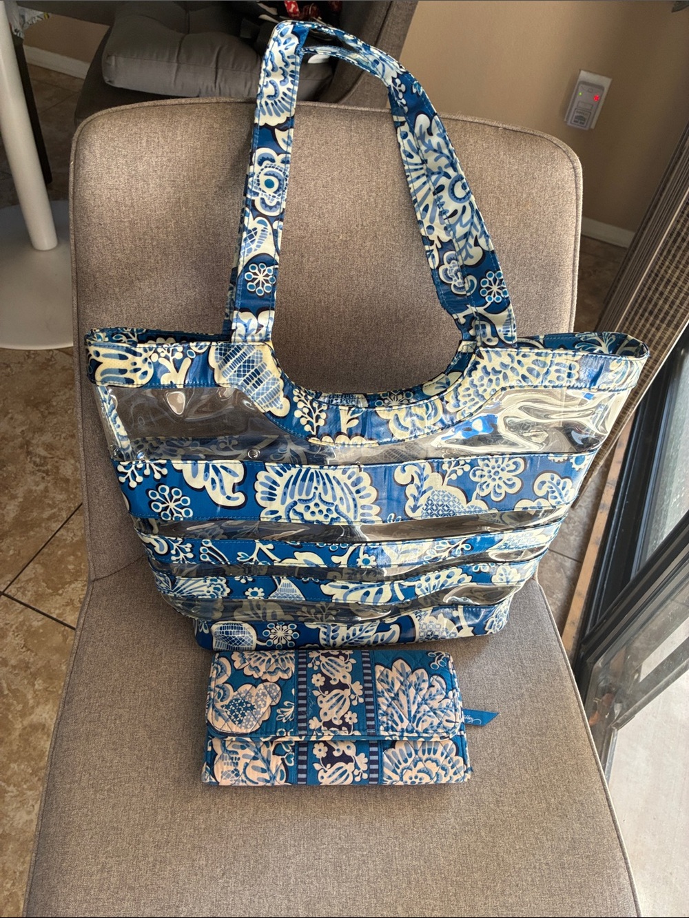 Vera Bradley Blue Floral Clear-Strip Tote Bag with Matching Wallet